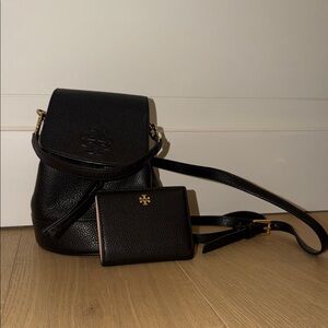Tory Burch Mini Thea Black Leather Backpack and Wallet